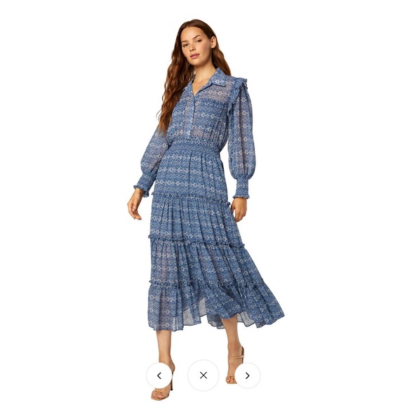 Misa Los Angeles Dresses & Skirts - MISA Los Angeles Womens XS Marjan Dress Blue Astra Smocked Tiered Midi Lurex